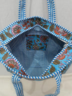 Raj Handicrafts Cotton Printed Tote Bag,Hand Bag Multicolor Quilted Hand Block Floral Printed Women's Carry Bag Shoulder Shopping Tote Bags 18x5.5x16 Inch (Blue 1)