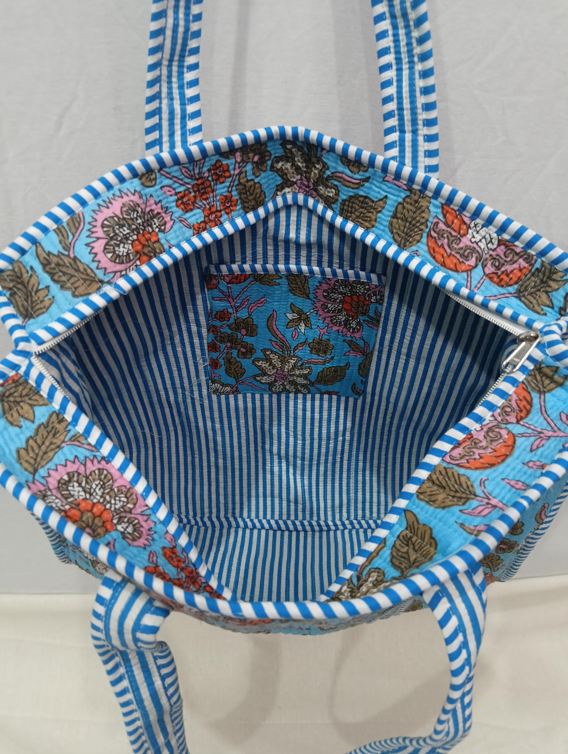 Raj Handicrafts Cotton Printed Tote Bag,Hand Bag Multicolor Quilted Hand Block Floral Printed Women's Carry Bag Shoulder Shopping Tote Bags 18x5.5x16 Inch (Blue 1)