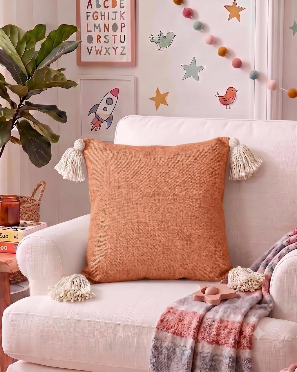 Furnistitchs Solid Boho Cushion Cover 16x16 Inches, Premium Natural Slub Fabric Throw Pillow Case with Tassels for Sofa, Couch, Living Room & Bedroom 40x40 cms, 2 pc - Desert Coral