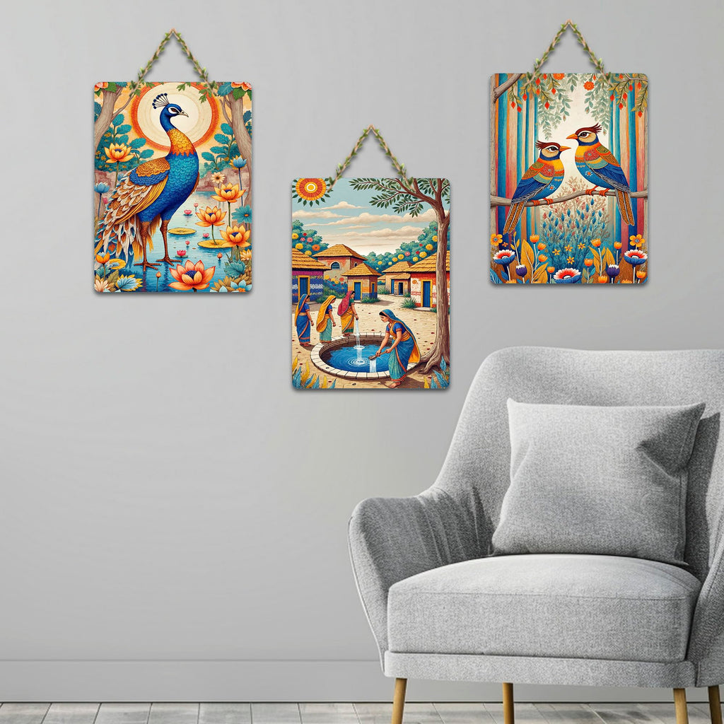 Artvibes Village Life Peacock & Birds Wooden Art Decoration Item for Living Room | Modern Decoration Items| Stylish Modern Decor Item | Trendy Decor | Wall Art Print | Ideal Gift (WH_9688N), Set of 3