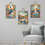 Artvibes Village Life Peacock & Birds Wooden Art Decoration Item for Living Room | Modern Decoration Items| Stylish Modern Decor Item | Trendy Decor | Wall Art Print | Ideal Gift (WH_9688N), Set of 3