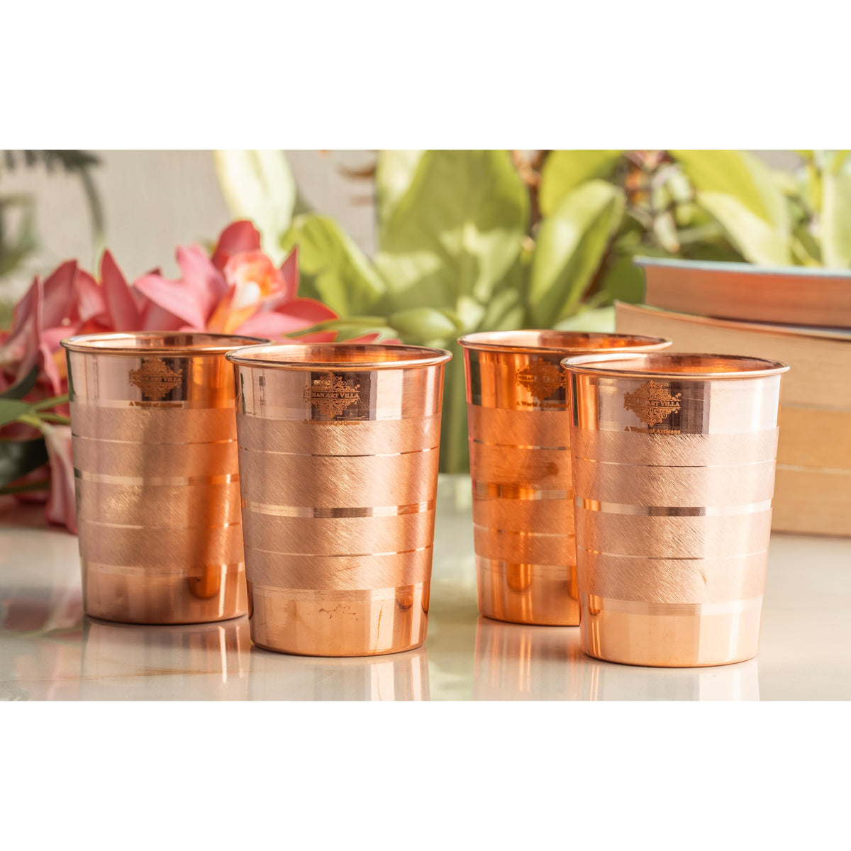 INDIAN ART VILLA Luxury Design Pure Copper Glass – 275 ML, Elegant Drinkware for Water, Ayurvedic Benefits, and Daily Use, Perfect for Home, Office, and Gifting, Set of 4