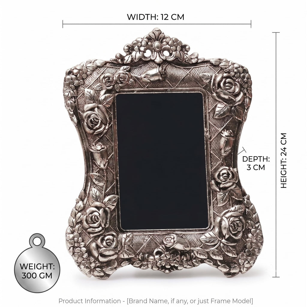 KridayKraft Aluminium Rose Flower Photo Frame with Silver-Plated Design Useful for Boys and Girls Home Decor, Wall Decor, Gifting and Showpiece (Silver, 24X19 CM)