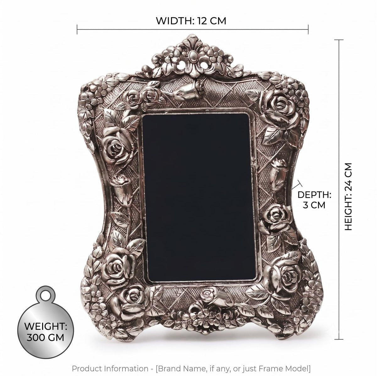 KridayKraft Aluminium Rose Flower Photo Frame with Silver-Plated Design Useful for Boys and Girls Home Decor, Wall Decor, Gifting and Showpiece (Silver, 24X19 CM)