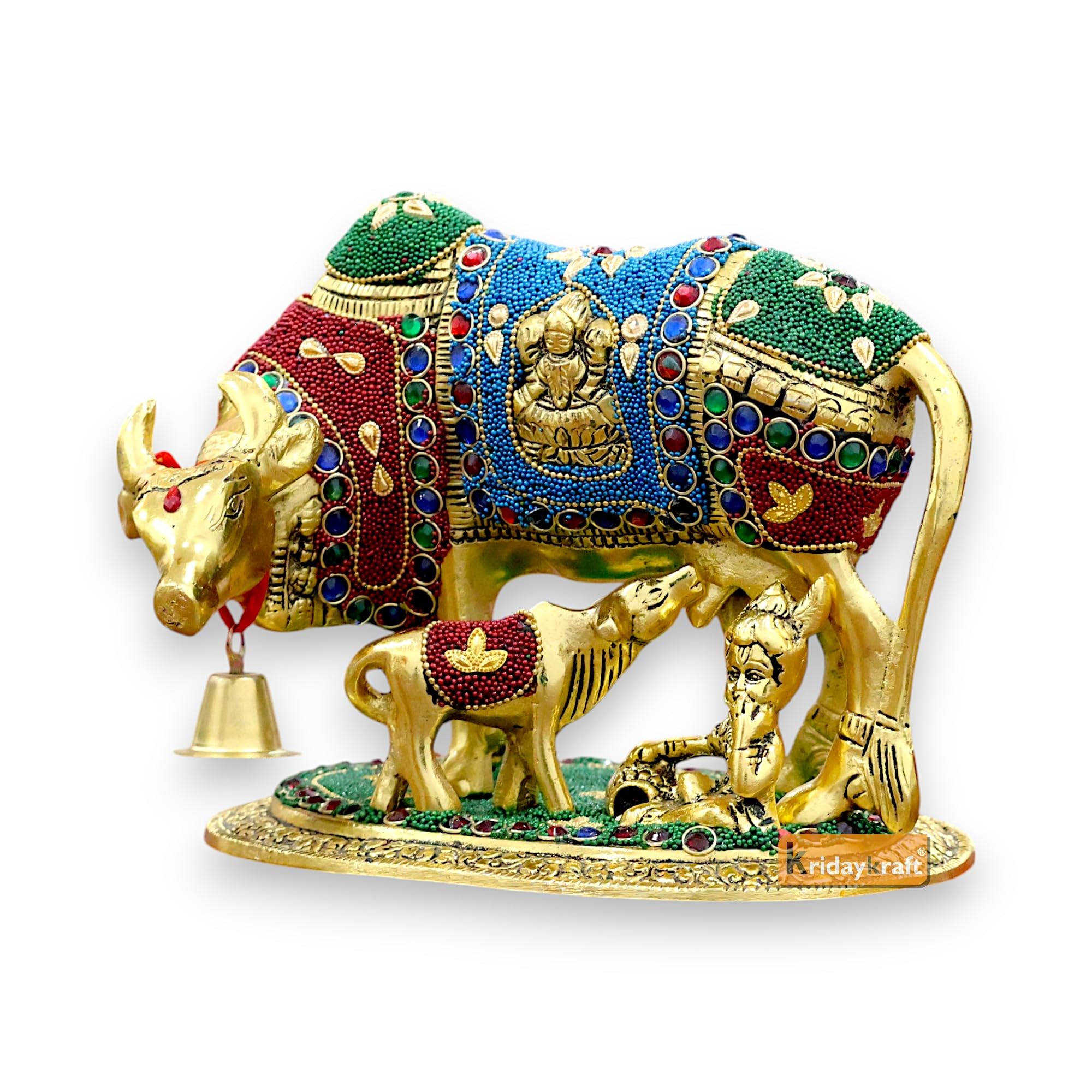KridayKraft Kamdhenu Cow Calf Bal Gopal Krishna Metal Statue, Gold Stone XL