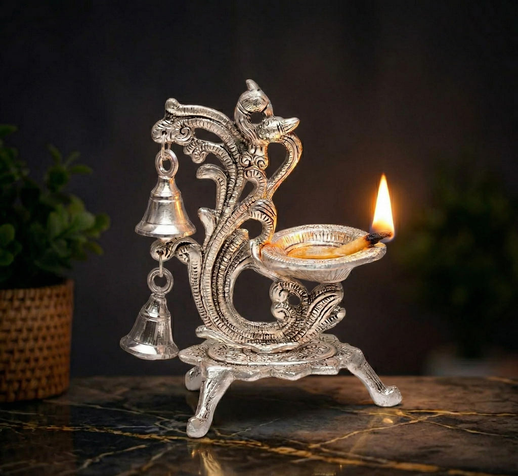 KridayKraft Aluminium Diya for Puja Room Oil Lamp in Peacock Design with Bell (Silver Metal, Pack of 1 Pcs)