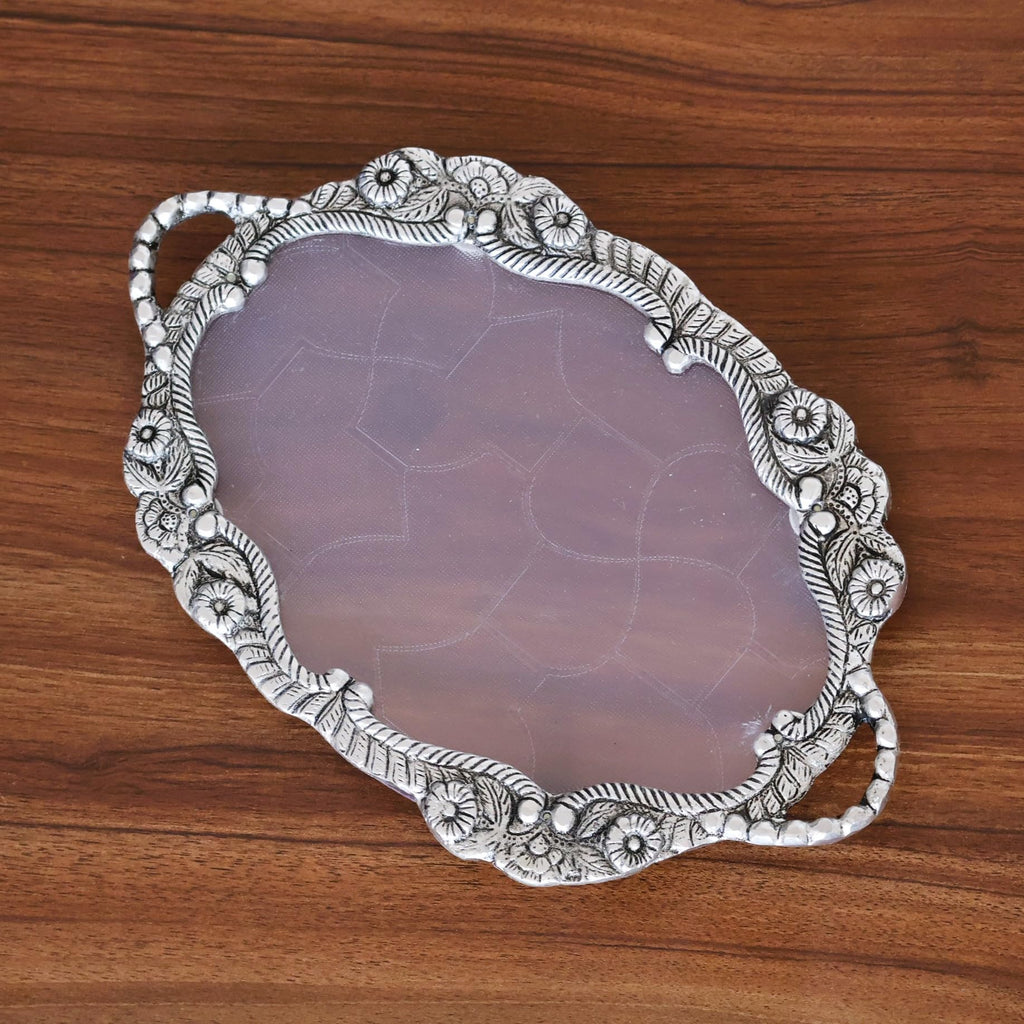Decorative Fiber Tray with Metal Floral Border, 25 cm Diameter