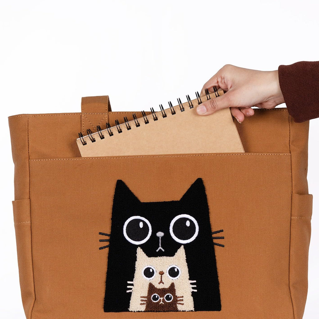 TSANTA U Shaped Canvas Tote Bag, 35.56x33.02 cm with 10.8 cm Gusset, Cotton, Zipper Closure, Laptop Compartment (Kitty)