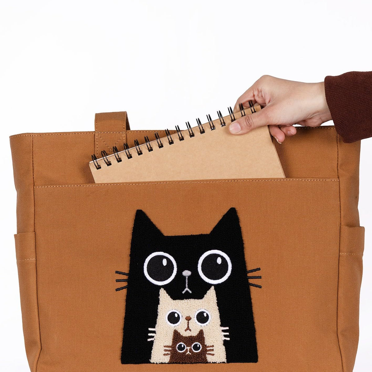 TSANTA U Shaped Canvas Tote Bag, 35.56x33.02 cm with 10.8 cm Gusset, Cotton, Zipper Closure, Laptop Compartment (Kitty)
