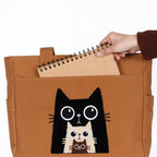 TSANTA Kitty Cat U-Shaped Canvas Tote Bag with Pouch Combo (Large) | Cotton Shoulder Tote with Zipper, Laptop Compartment & Organizer Pockets | Reusable Travel, Office & Everyday Carry Bag for Women