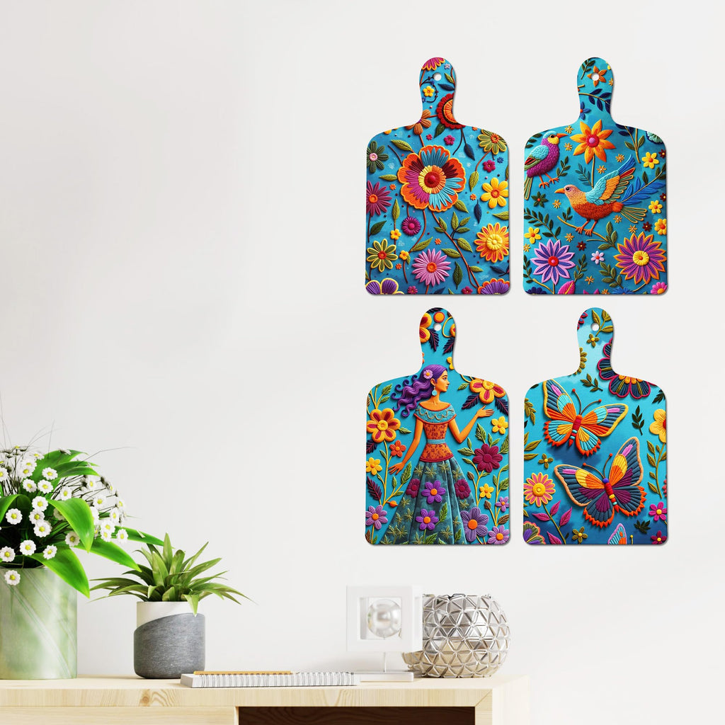 Artvibes Bird Butterfly & Flower Theme Wooden Art Decoration Item for Living Room | Garden Balcony| Stylish Modern Decor Item | Festive Decor | Wall Poster | Unique Gift (WH_5659N), Set of 4
