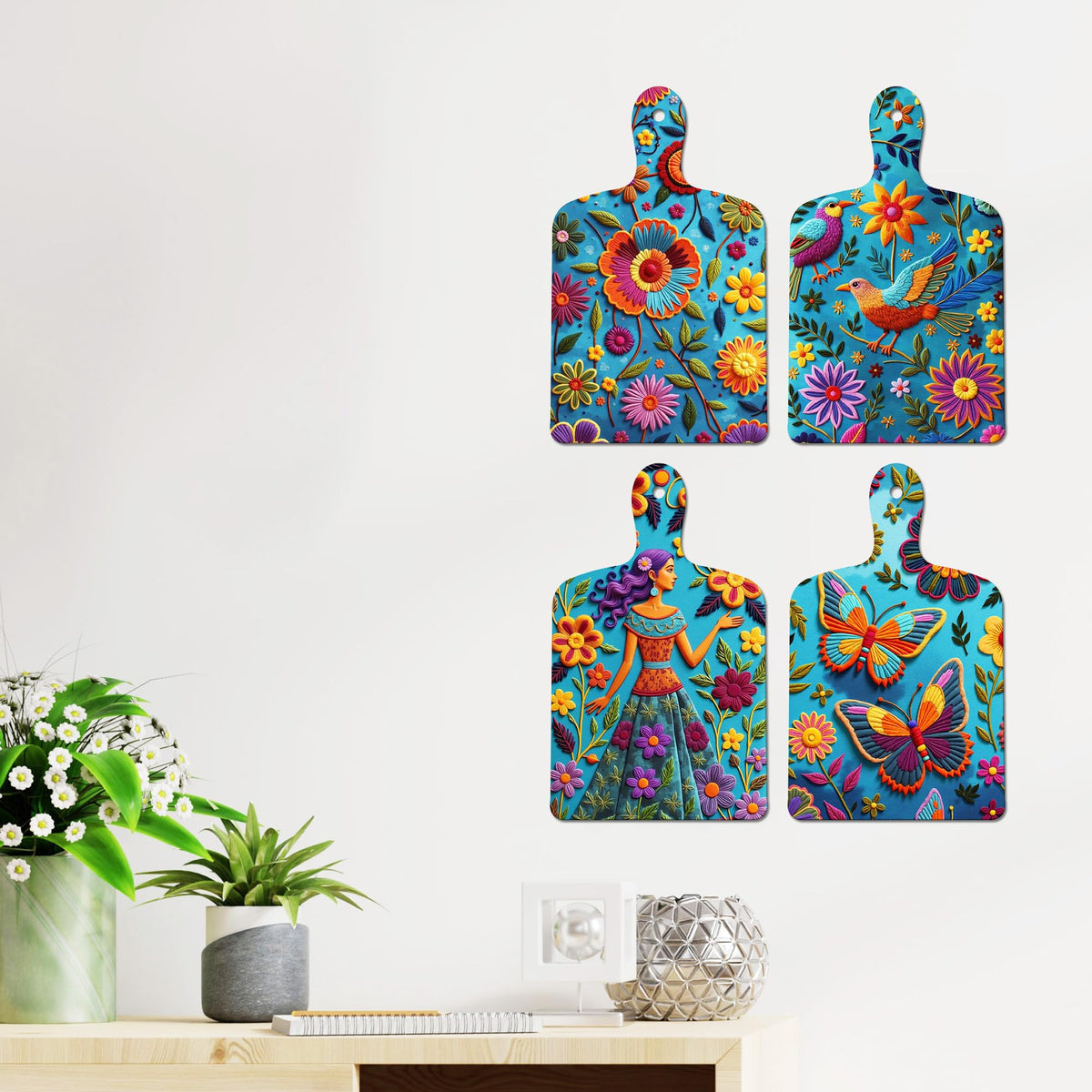 Artvibes Bird Butterfly & Flower Theme Wooden Art Decoration Item for Living Room | Garden Balcony| Stylish Modern Decor Item | Festive Decor | Wall Poster | Unique Gift (WH_5659N), Set of 4