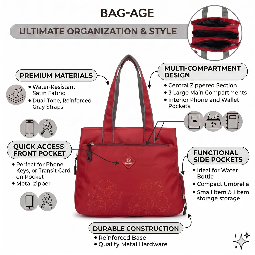 Bag-Age HB55 Tote Handbag for Girls & Women, Water Resistant Office Work Bag with Umbrella Pocket, Large Capacity Shoulder Bag for Work, Travel & Daily Use (Red)