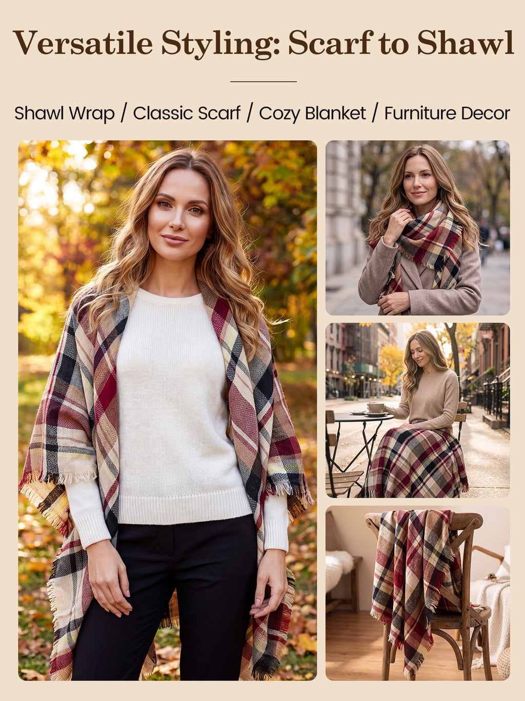 American Trends Trendy Plaid Scarfs Womens Warm Pashmina Fall Winter Soft Chunky Tartan Wrap Shawl Cozy Checked Blanket Navy w Red w Yellow