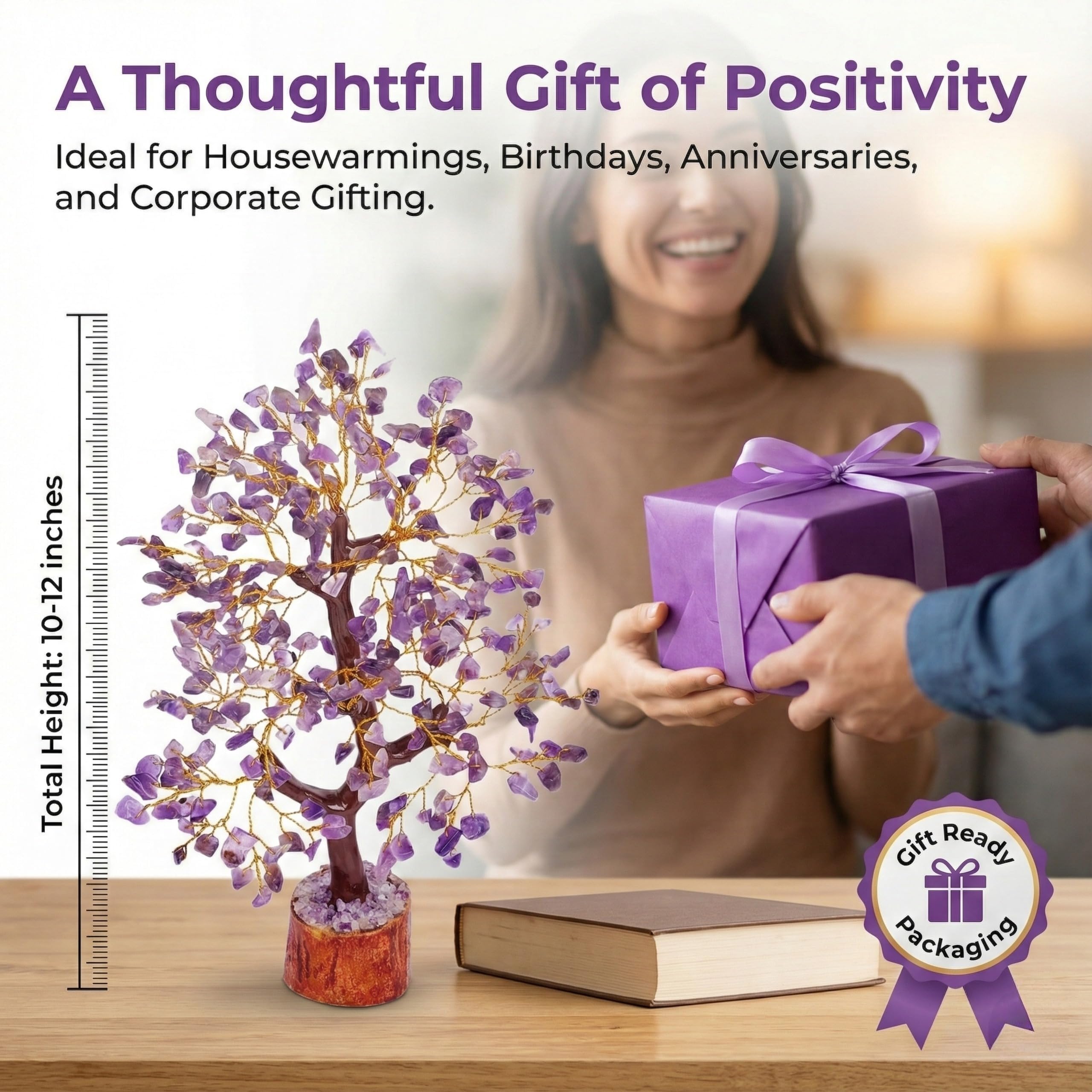 Gurram Natural Amethyst Crystal Tree of Life - 10-12 Handcrafted Gemstone Money Tree with Wooden Base - Spiritual Reiki Healing Decor, Positive Energy Gift for Housewarming, Birthdays & Office - Decorative Feng Shui Ornament (Amethyst Crystal Tree)