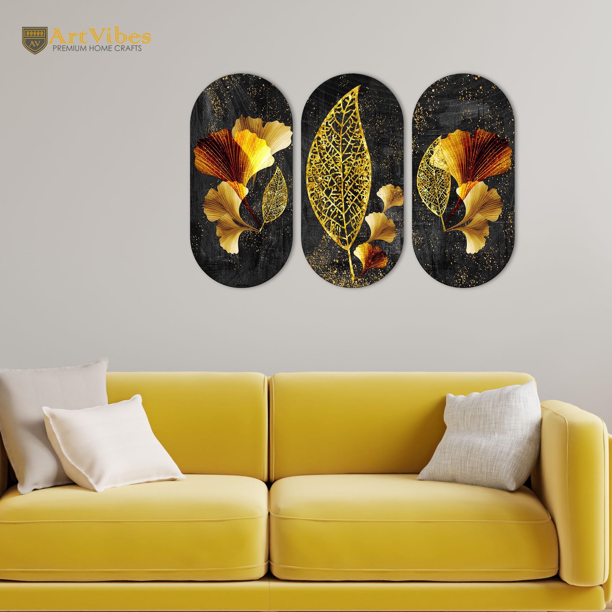 Artvibes Golden Leaf Auspicious Wooden Art Work Wall Hanging For Good Luck Properity Vastu | Spiritual Decor Items | Paintings | Wall Illustrations| Modern Decor Item | Ideal Gift (WH_9001N), Set of 3