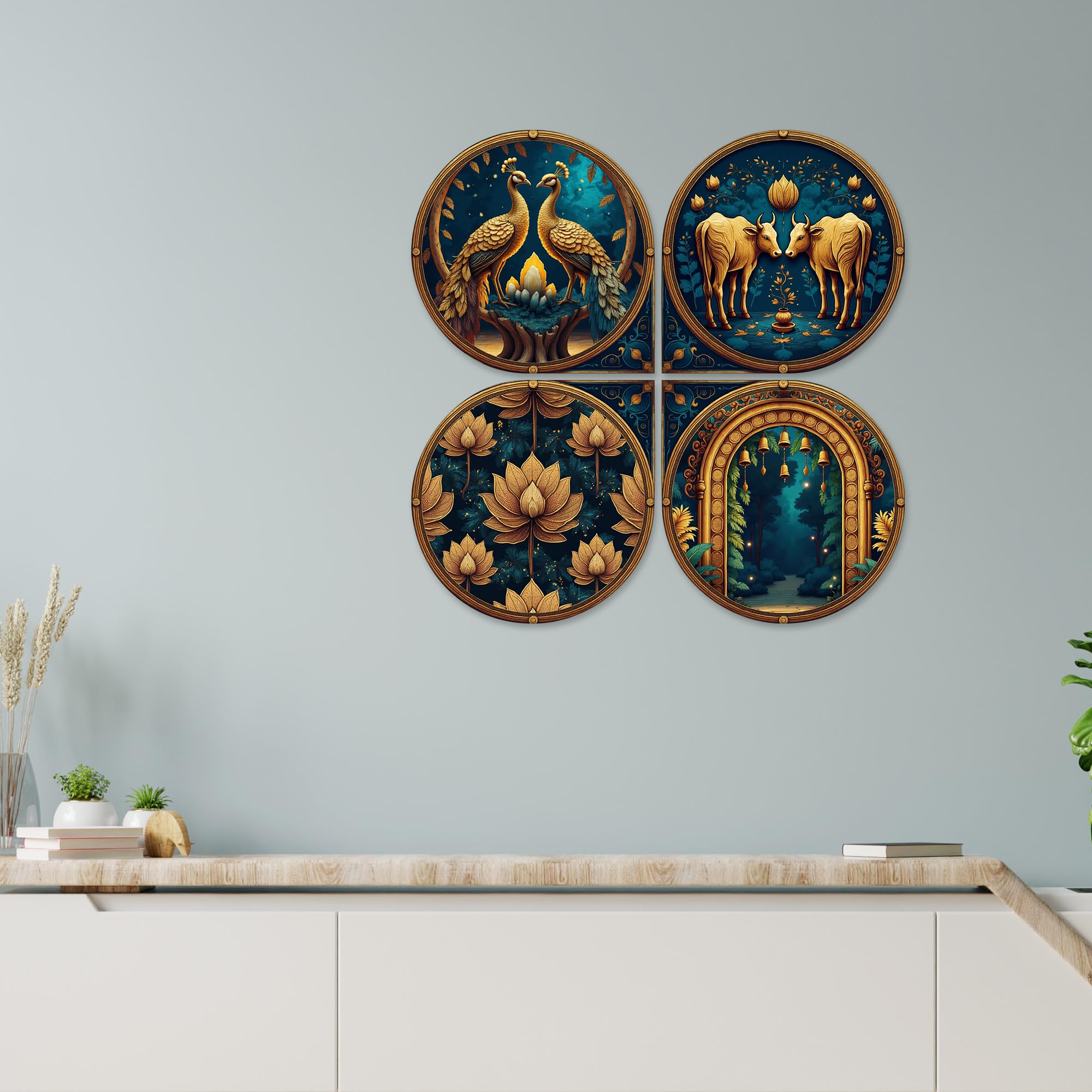 Artvibes Nature Decorative Wall Hanging Ornaments | Living Room | Office | Cafe | Painting Wall Decor | Scenery For Drawing Room | Wall Poster | Handcrafted Art | Unique Gift (WH_8462N), Set of 4
