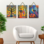 Artvibes Traditional Cultural Wall Art Wooden Art Decoration Item for Home | Living Room | Office | Wall Art Painting For Hall | Graphic Artwork | Wall Poster | Unique Gift (WH_96127N), Set of 3