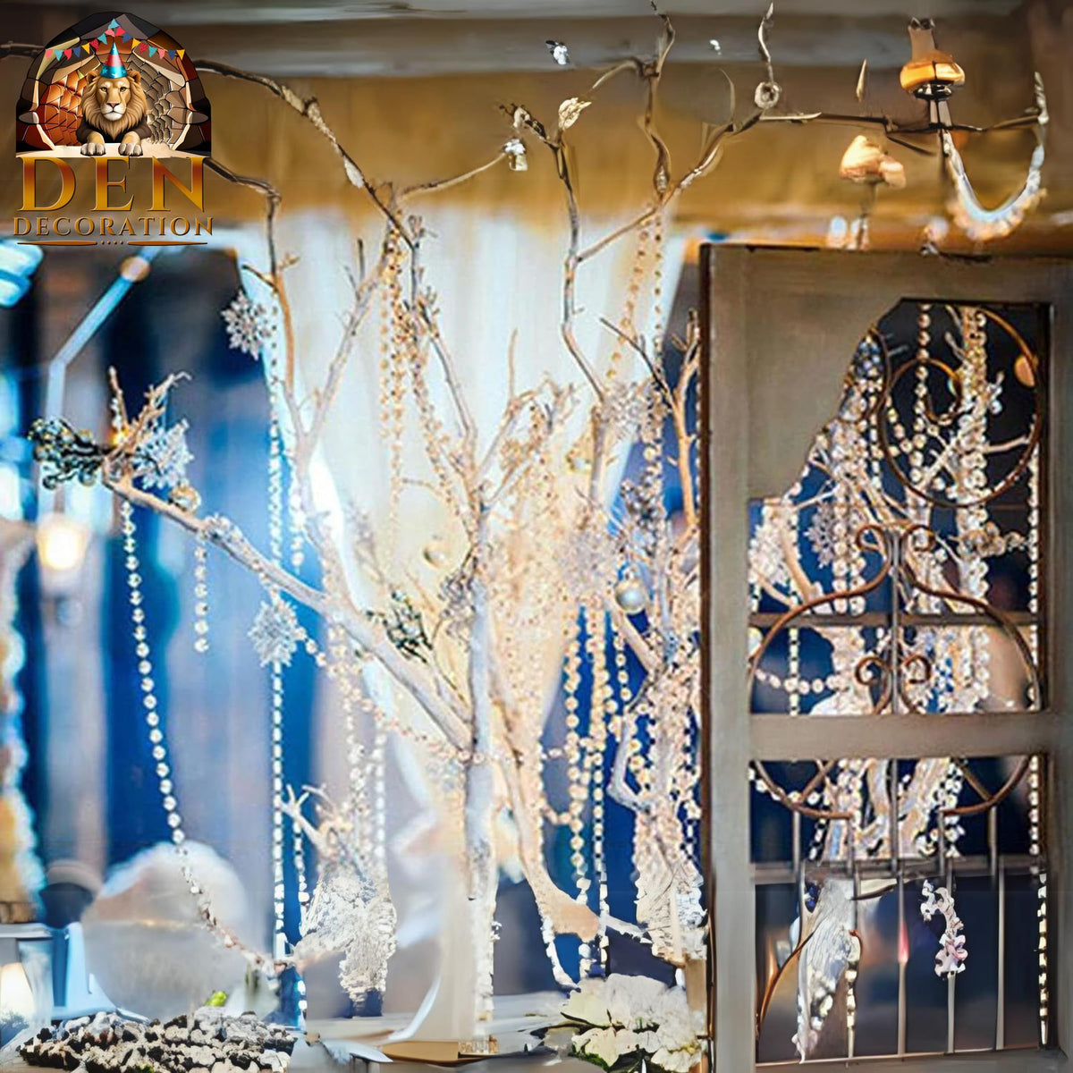 DEN DECORATION Premium Iridescent Crystal Acrylic Beads String Sequin Chain Garland (5 feet) (Dancing Octagons, Pack of 10 Lines)