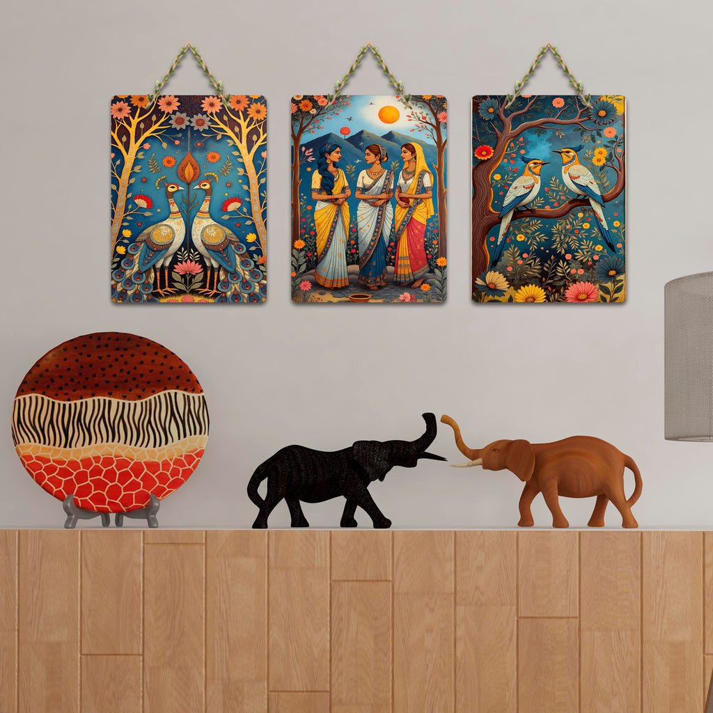Artvibes Traditional Indian Artwork Decorative Wall Art MDF Wooden Wall Hanger for Home | Handcrafted Art | Festive Decor | Wall Poster | Paintings For Wall | Unique Gift (WH_96112N), Set of 3