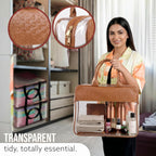Clear Tote Bag with Brown Embossed Leather Handles, Transparent PVC Travel Organiser Handbag
