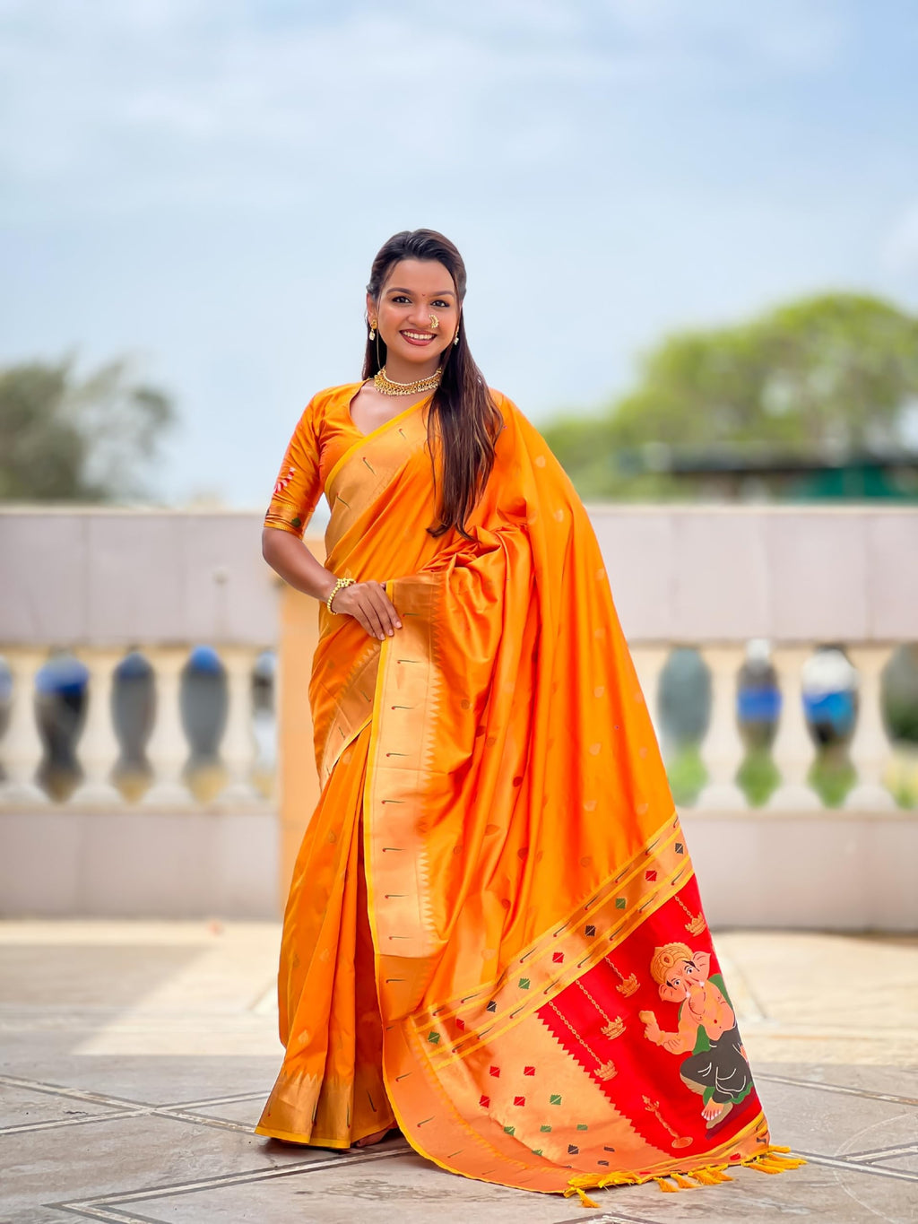 VEDANT VASTRAM Women's Soft Litchi Silk Paithani Jacquard Saree (Ganpati-Paithani-Orange)