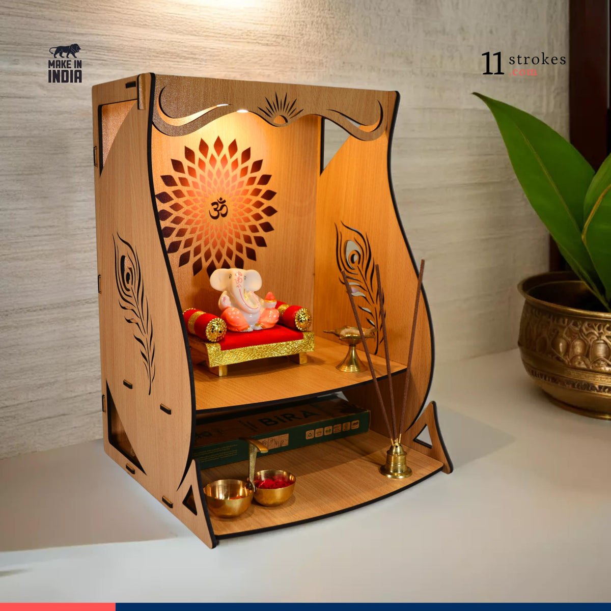 11 Strokes Divya Wooden Pooja Mandir for Home Big Size - Large Foldable Wall Mount Devghar Singhasan for God - Modern Wooden Temple, Big Home Mandir