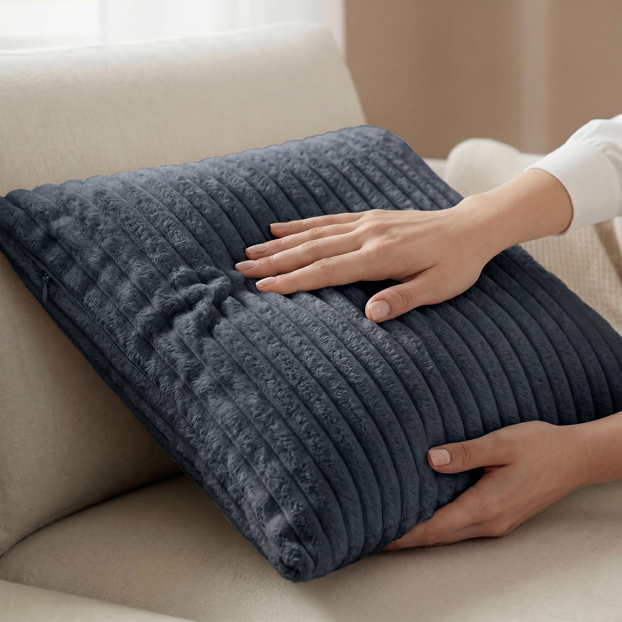 Yellow Weaves Pencil-Stripe Fur Cushion Covers | Soft Polyester | Decorative Sofa & Throw Pillow Covers | 16x16 Inches, Pack of 5 (Bluish Grey)
