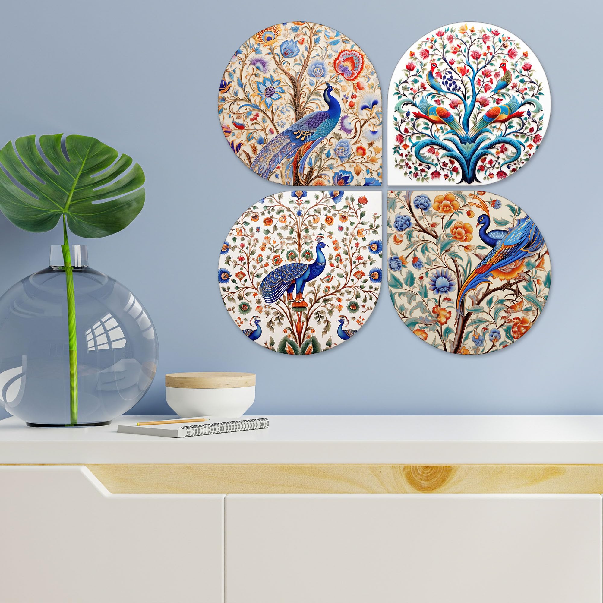 Artvibes Floral Peacock Decorative MDF Wooden Wall Art for Home | Wood Decorative Items | Modern Decoration | Artwork | Festive Decor | Wall Poster | Handcrafted Art | Unique Gift (WH_8434N), Set of 4