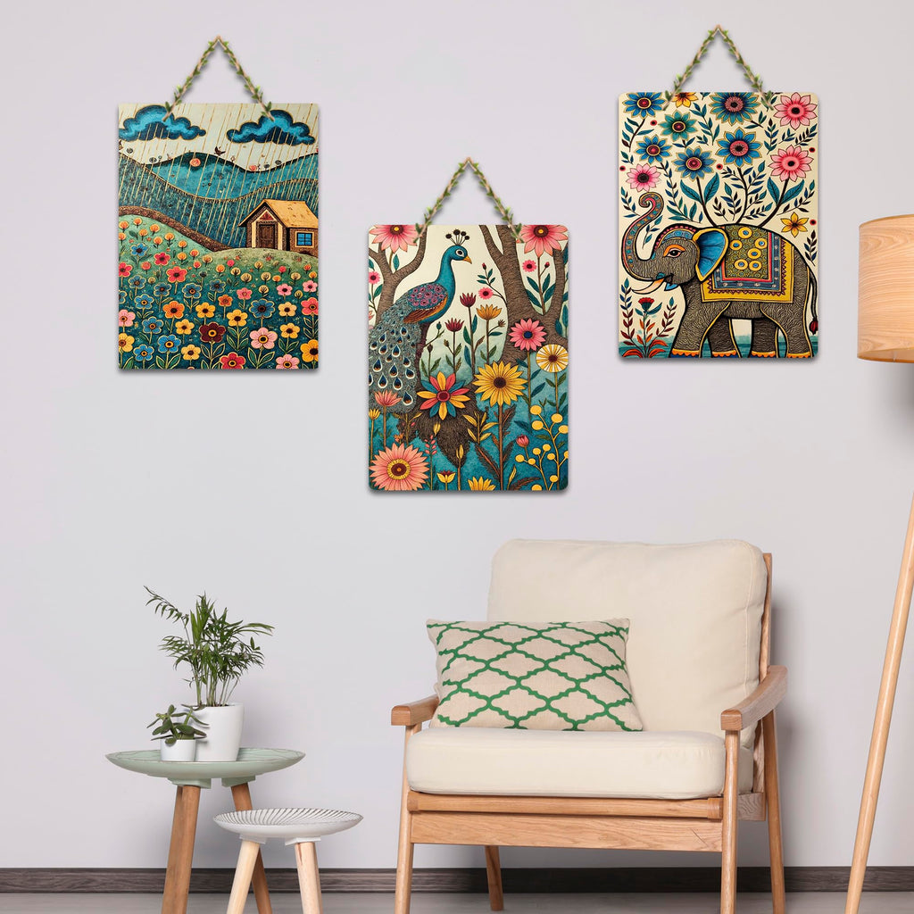 Artvibes Nature Theme Wooden Wall Hanger for Home Decor | Modern Decoration Items | Living Room | Bedroom | Office | Art Print | Wall Illustrations | Handcrafted Art | Gift Items (WH_96124N), Set of 3