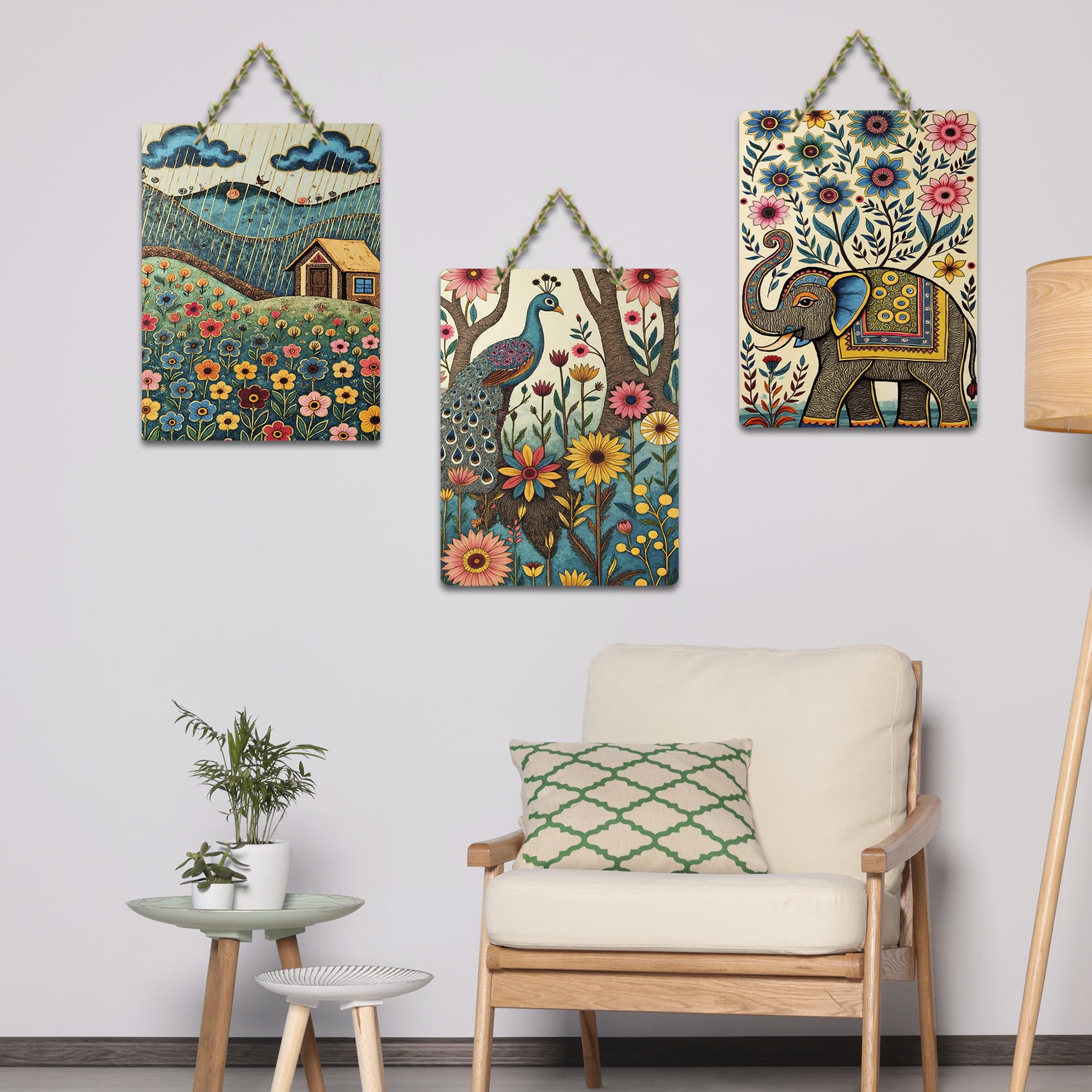 Artvibes Nature Theme Wooden Wall Hanger for Home Decor | Modern Decoration Items | Living Room | Bedroom | Office | Art Print | Wall Illustrations | Handcrafted Art | Gift Items (WH_96124N), Set of 3
