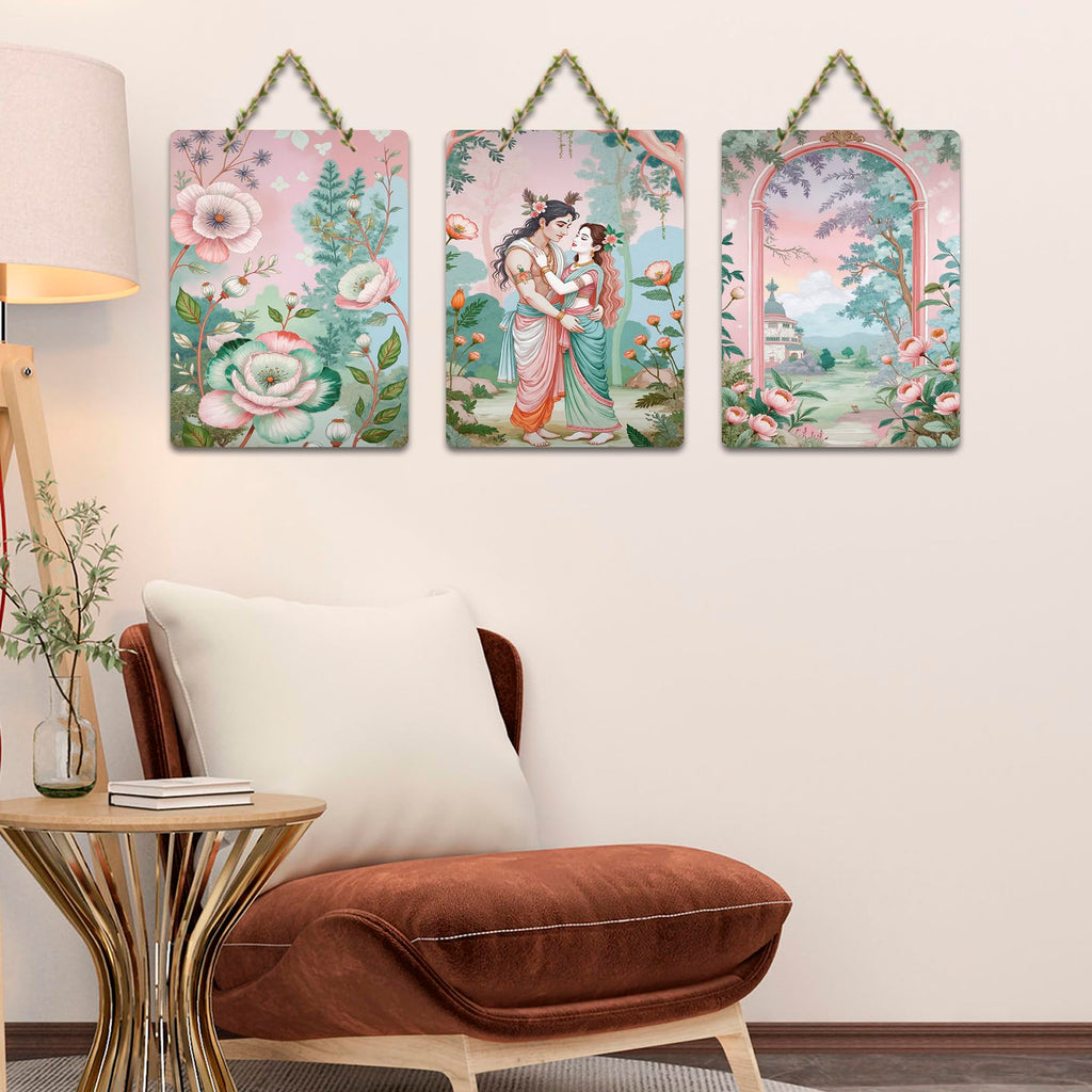 Artvibes Eternal Bond Of Divine Couple In Garden Decorative Wall Art MDF Wooden Wall Hanger for Living Room | Home Decor | Wall Accent | Wall Illustrations | Unique Gift Items (WH_9649N), Set of 3