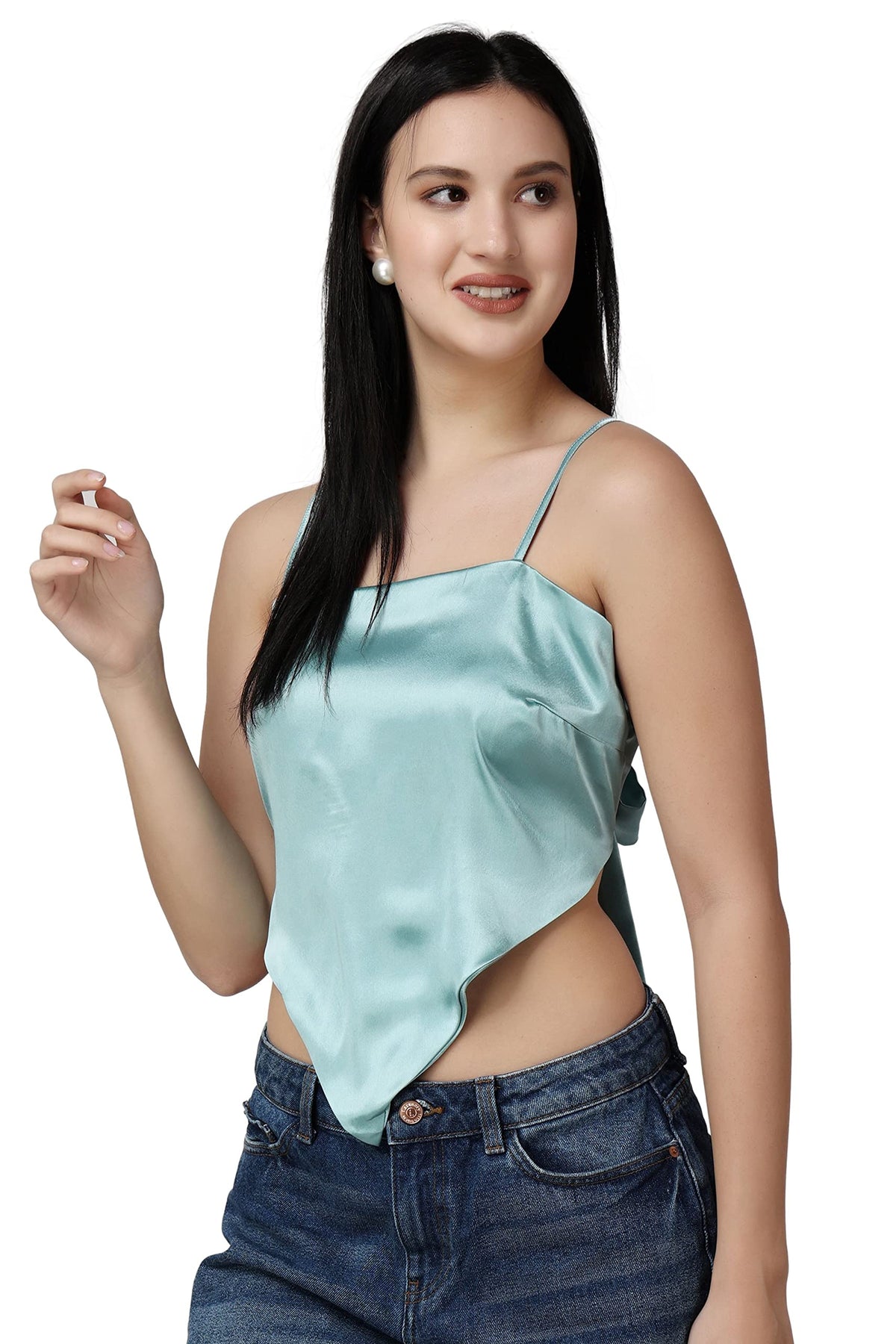 POPWINGS Casual Hankie Style Satin Solid Crop Top for Women || Square Neck Crop Top for Women || Sleeveless Crop Top for Women || Latest Stylish Women Crop Top for Summer Sea Green
