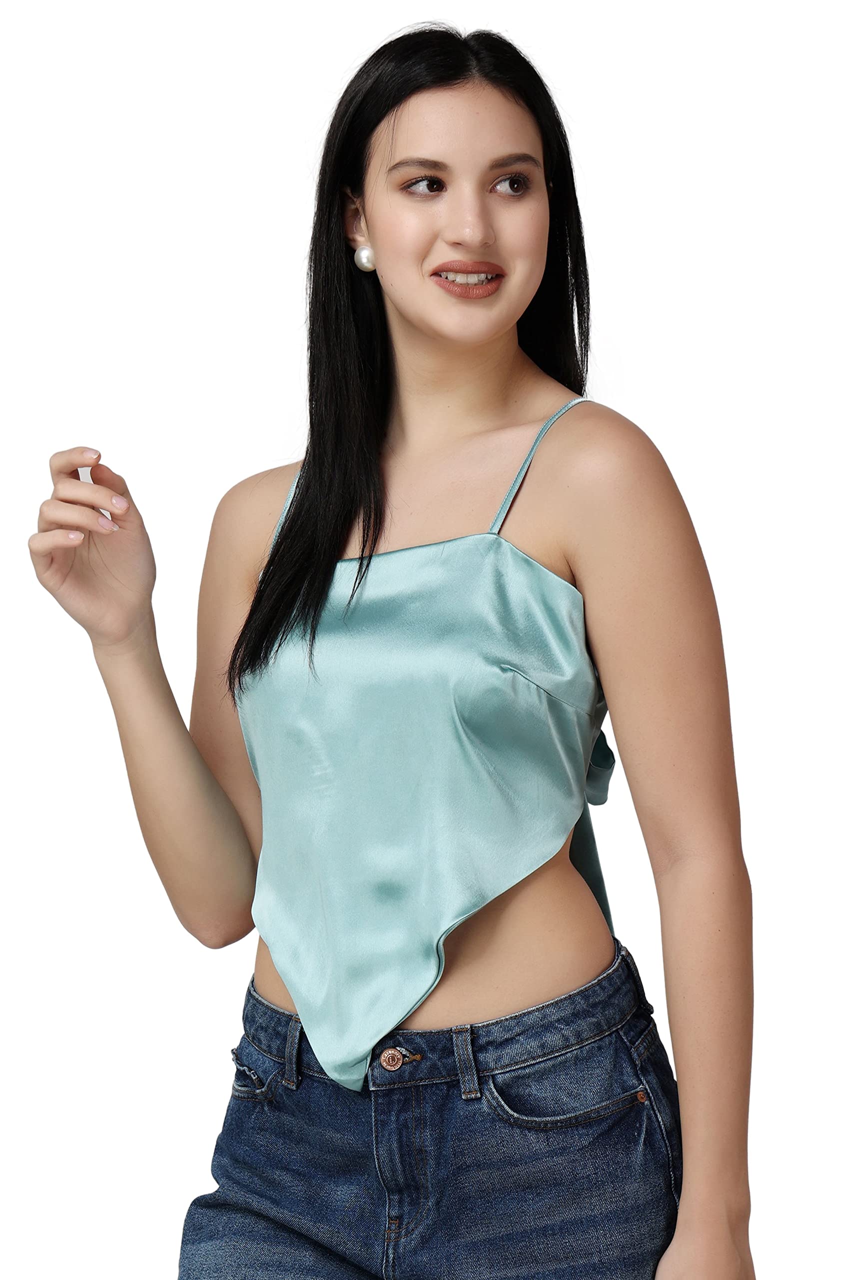 Popwings Women Casual Sea Green Satin Scarf Knot Solid Crop Top