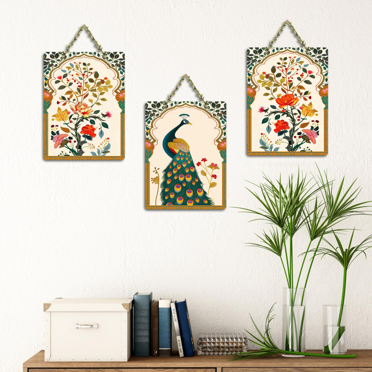 Artvibes Peacock Madhubani Art Home Wooden Art Decoration Item for Living Room | Room Wall Art | Wood Decorative Items | Modern Decoration | Wall Art Print | Unique Gift Items (WH_96147N), Set of 3