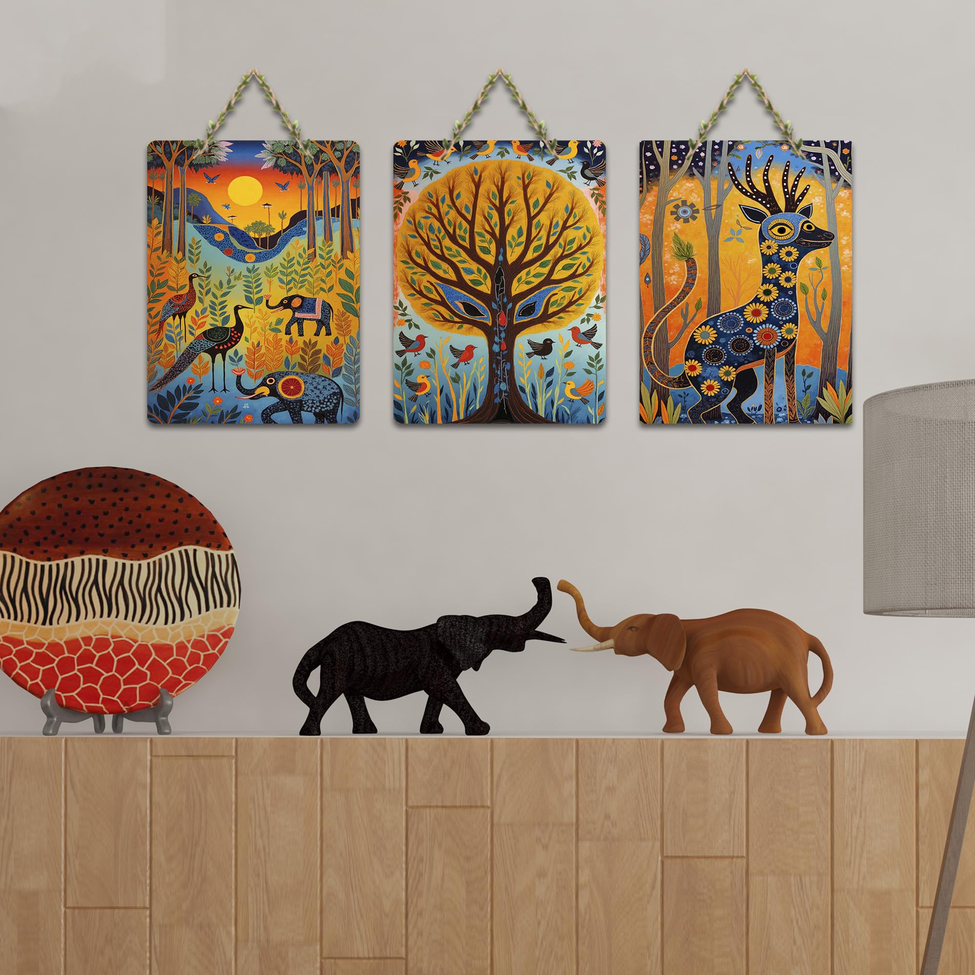 Artvibes Tribal Forest Decorative Wall Art MDF Wooden Wall Hanger for Living Room | Festive Decor Art | Artwork | Aesthetic Wooden Decor | Paintings For Wall | Unique Gift Items (WH_9675N), Set of 3