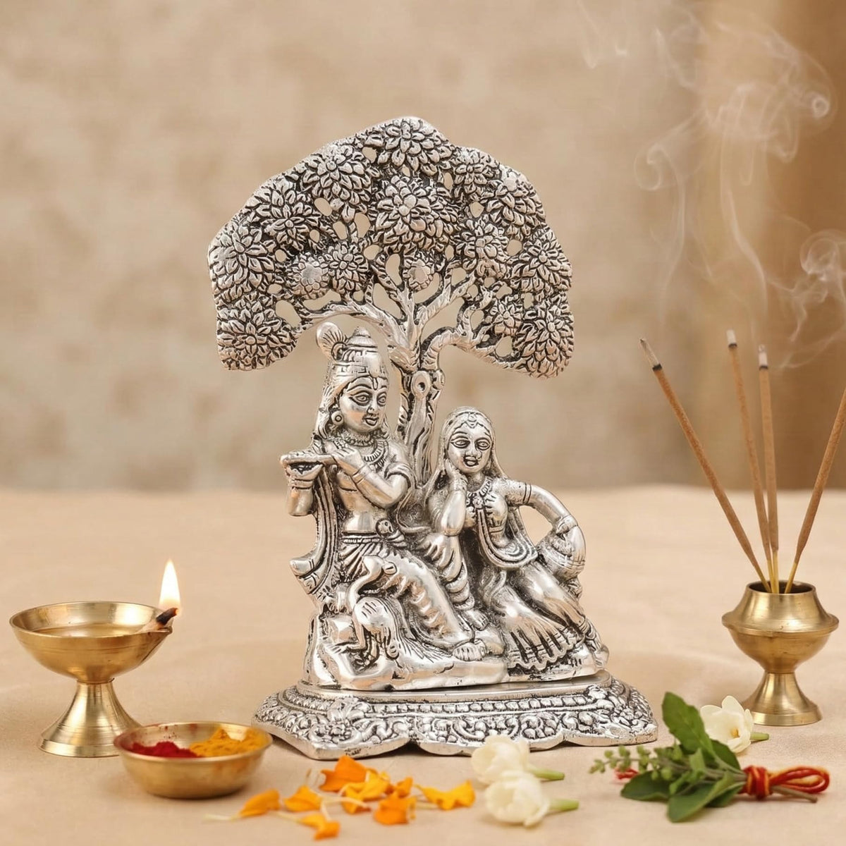 KridayKraft Metal Radha Krishna Idol with Under Tree Decorative Showpiece Statue for Puja Room Home Office Desk Gift Items Ornate Metal Sculpture of Hindu Deities, 18 cm Height Silver