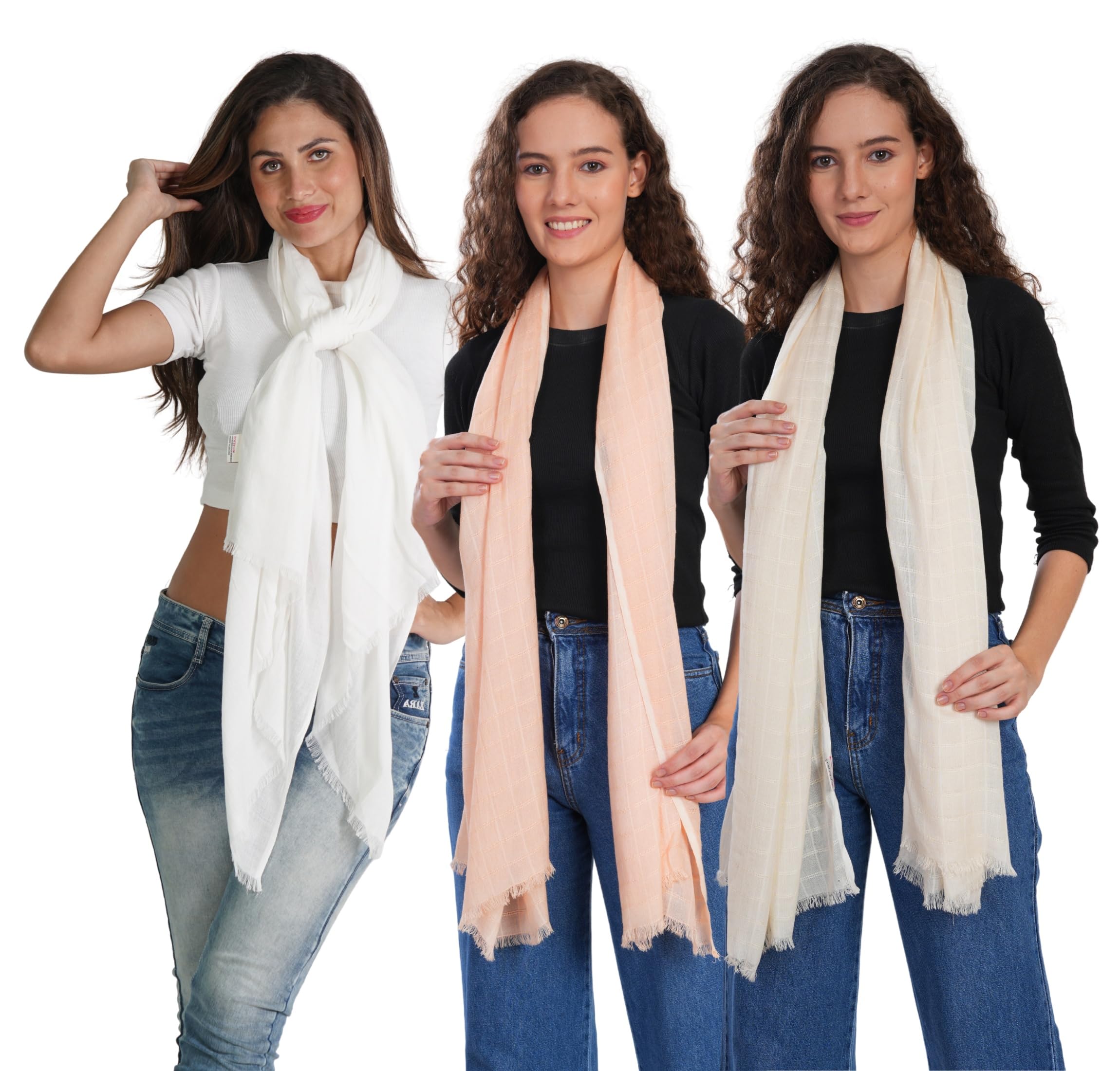 KISER Women and Girls Scarfs Stoles Combo Set-Size 65x185cms-Soft Comfortable Cozy Viscose Cotton Scarfs Stoles Summer and Winter-Suitable size Hijab-Easy to dry Stylish White Peach Beige Colour