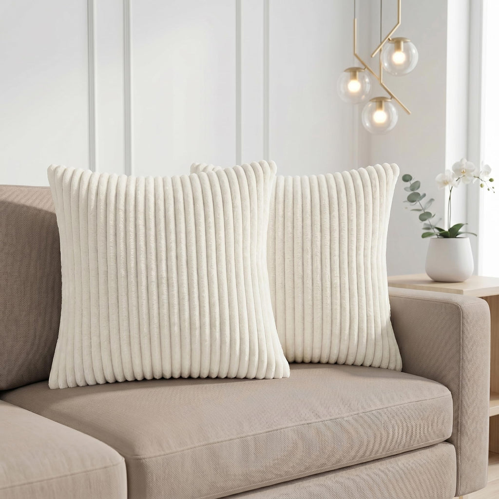 Yellow Weaves Pencil-Stripe Fur Cushion Covers | Soft Polyester | Decorative Sofa & Throw Pillow Covers | 16x16 Inches, Pack of 2 (Ivory)