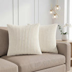Yellow Weaves Pencil-Stripe Fur Cushion Covers | Soft Polyester | Decorative Sofa & Throw Pillow Covers | 16x16 Inches, Pack of 2 (Ivory)