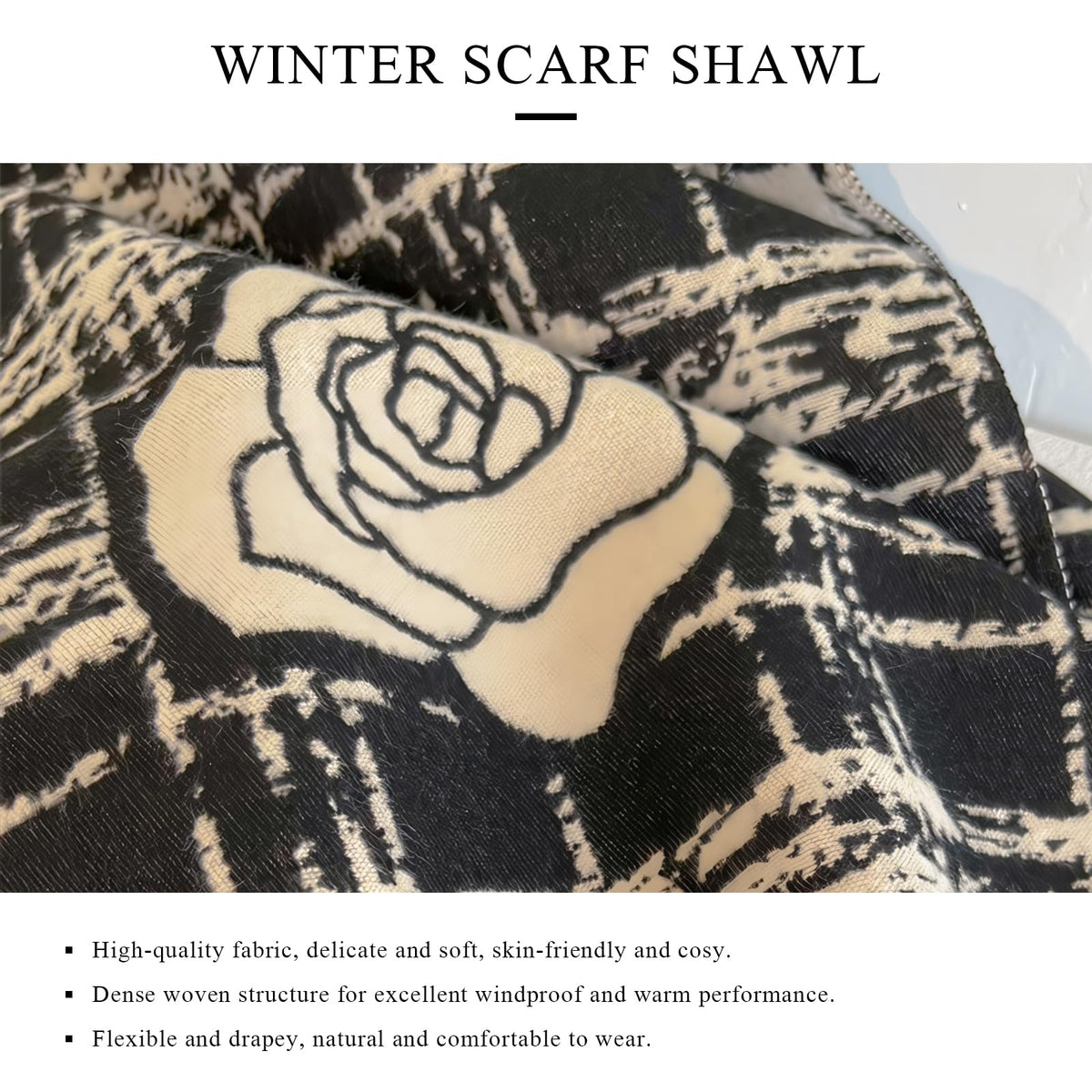 LumiSyne Winter Scarf For Women Pashmina Shawls And Wraps Checked Camellia Pattern Elegant Romantic Style Reversible Cashmere Scarf With Tassel Large Long Neck Scarf Thick Warm Wraps Stole, Black, One