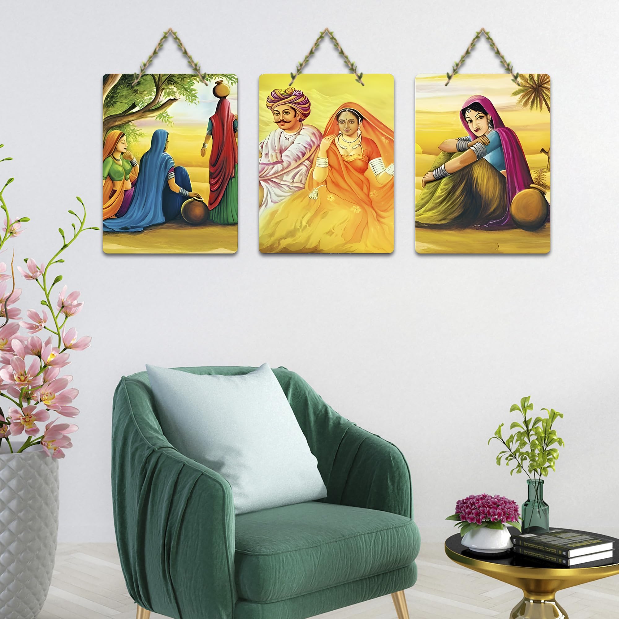 Artvibes Rural Rajasthan Artwork Decorative Wall Hanging Ornaments | Graphic Artwork | Door Decoration Items | Paintings For Wall | Wall Poster | Handcrafted Art | Unique Gift (WH_96141N), Set of 3