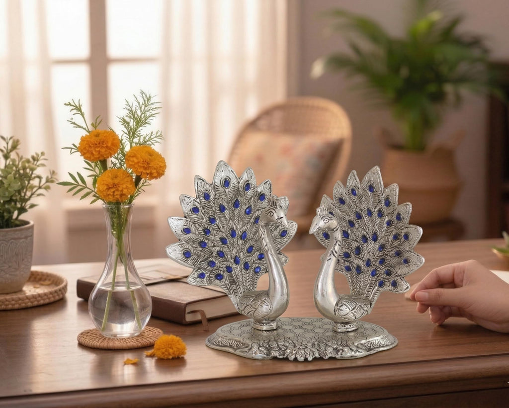 KridayKraft Double Peacock Metal Statue, Lovers Peacock Couple, Animal Showpiece Figurines, Feng Shui as Table Top Figurine for Living Room, Office, Bedroom, Decorative (Silver)