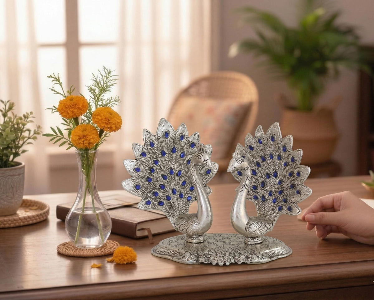 KridayKraft Double Peacock Metal Statue, Lovers Peacock Couple, Animal Showpiece Figurines, Feng Shui as Table Top Figurine for Living Room, Office, Bedroom, Decorative (Silver)