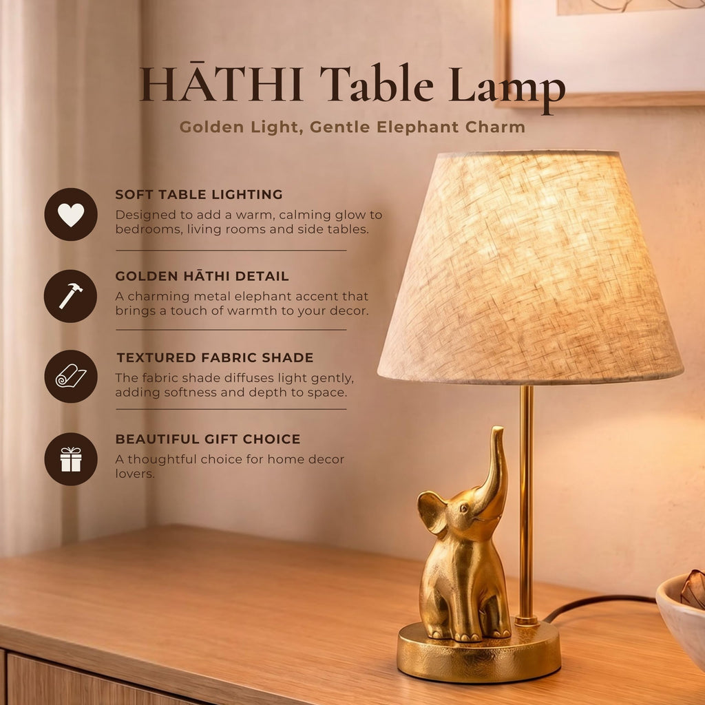 BEHOMA Elephant Table Lamp with Antique Metal Base & Fabric Shade