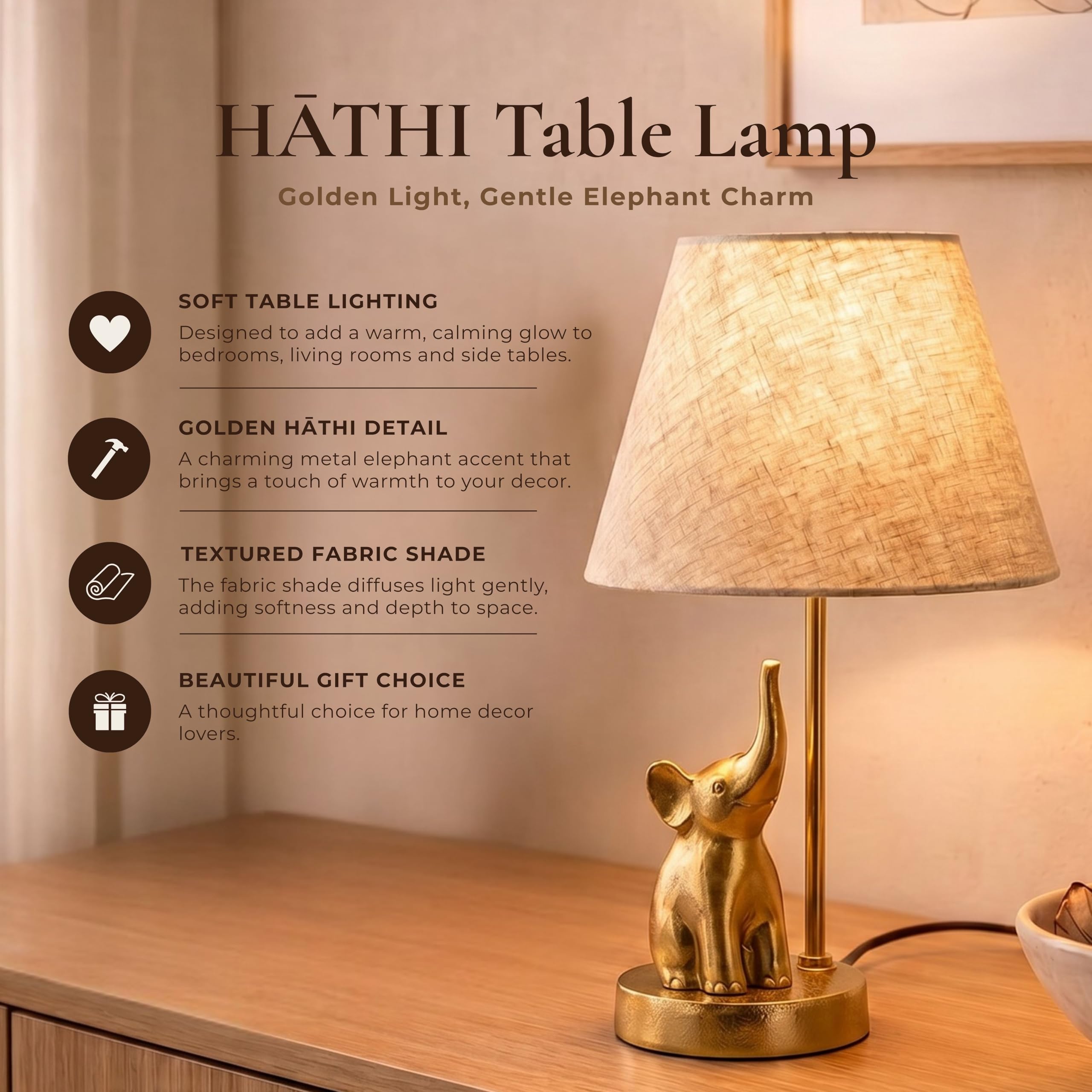 BEHOMA Elephant Table Lamp with Antique Metal Base & Fabric Shade