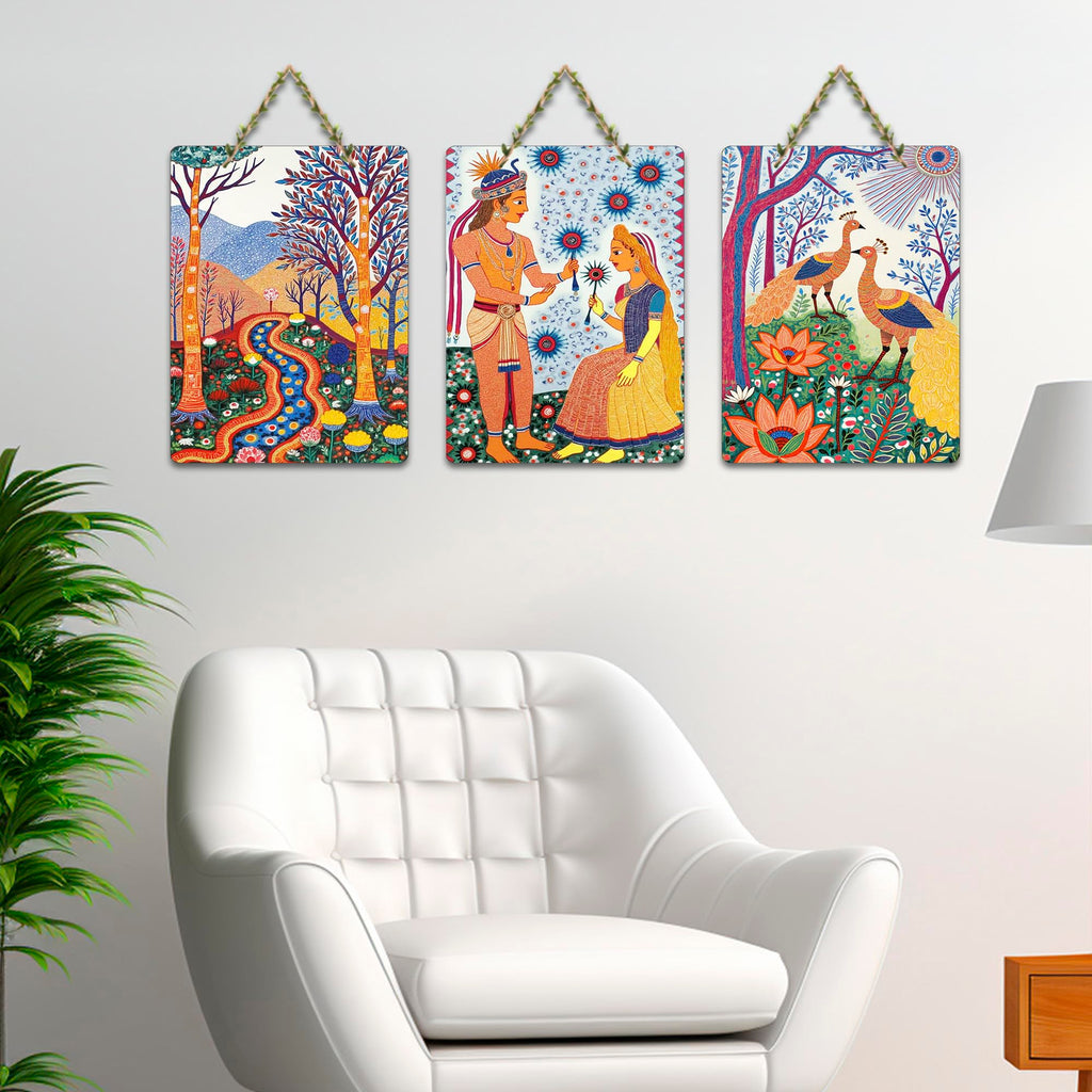 Artvibes Eternal Bond Madhubani Art Decorative Wall Art MDF Wooden Wall Hanger for Living Room | Wall Accent | Sceneries | Aesthetic Wooden Decor | Graphic Artwork | Ideal Gifts (WH_9680N), Set of 3
