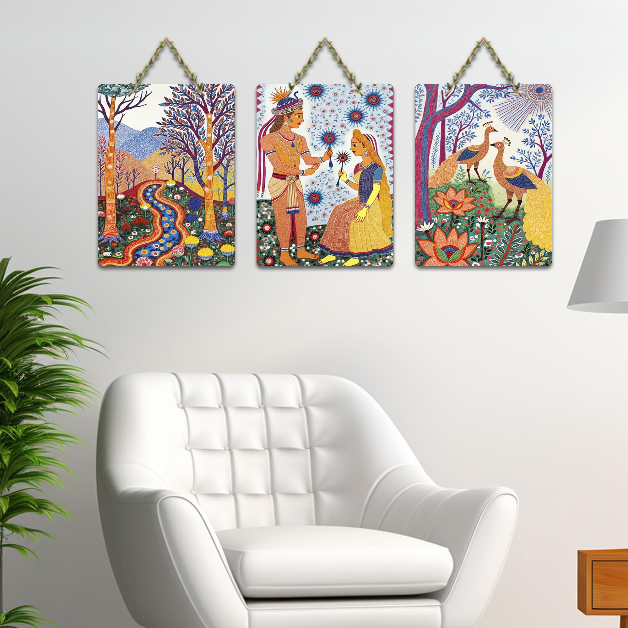 Artvibes Eternal Bond Madhubani Art Decorative Wall Art MDF Wooden Wall Hanger for Living Room | Wall Accent | Sceneries | Aesthetic Wooden Decor | Graphic Artwork | Ideal Gifts (WH_9680N), Set of 3