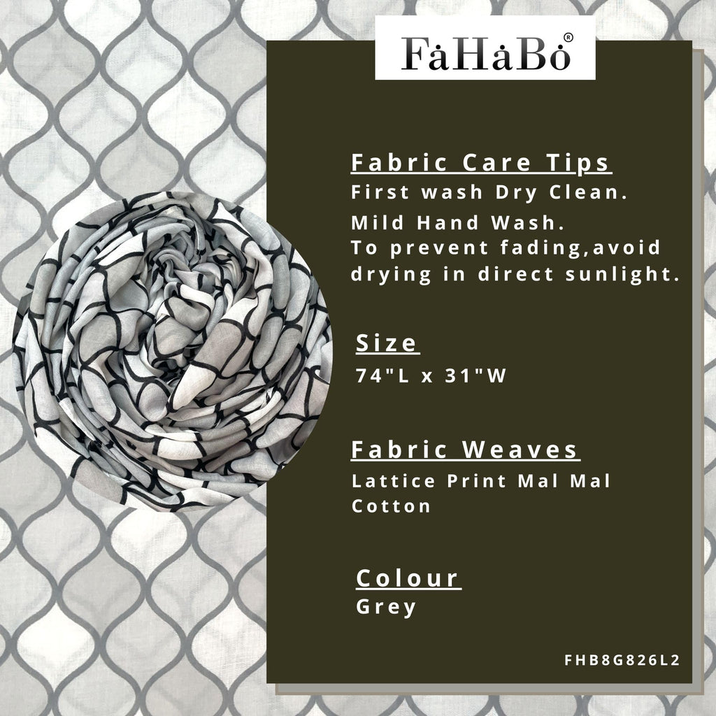 FAHABO Scarf Woman Lattice Print Mal Mal Cotton Scarves | Hijab Scarf | Headscarf | Neck Scarf | Stoles | Wraps (Grey)