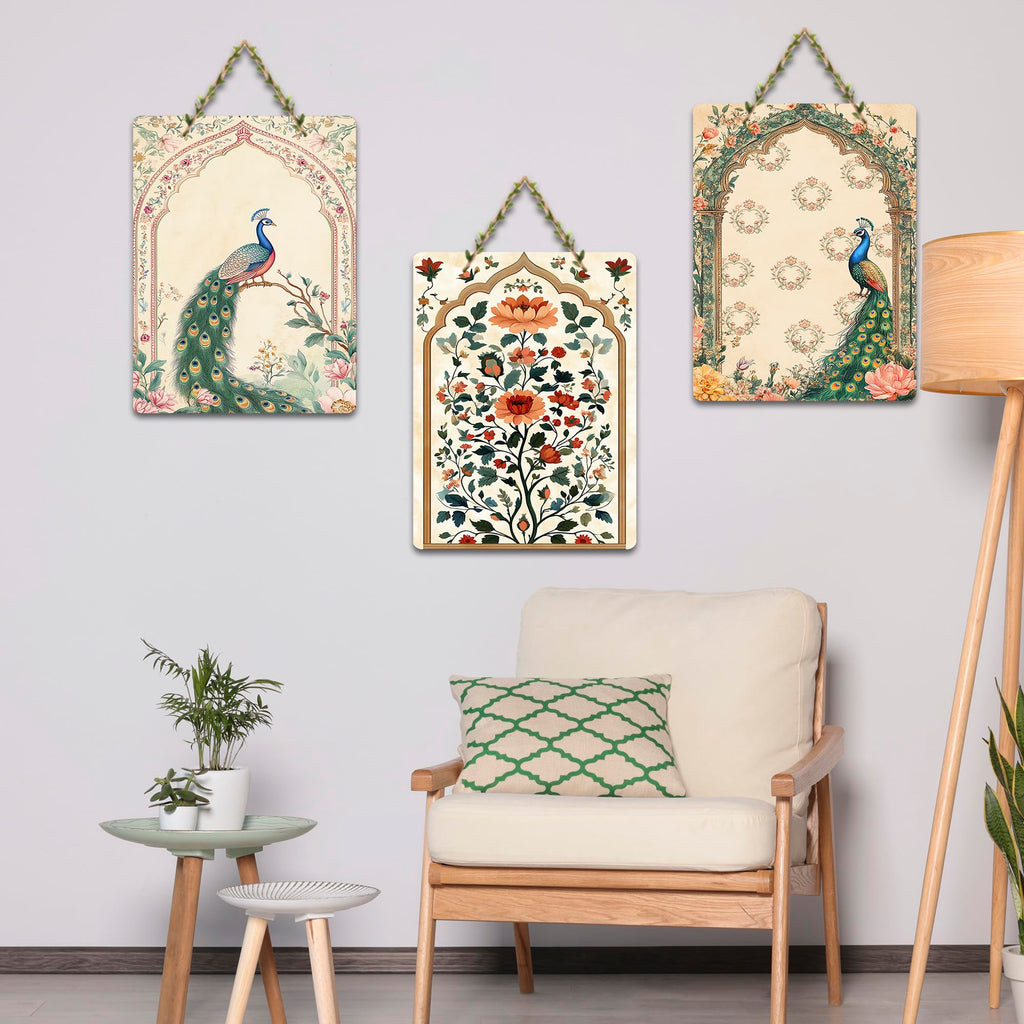 Artvibes Peacock Pichwai Art Decorative Wall Art MDF Wooden Wall Hanger for Home | Room Wall Art | Modern Decor Artwork | Living Room | Cafe | Wall Illustrations | Gift Items (WH_96106N), Set of 3